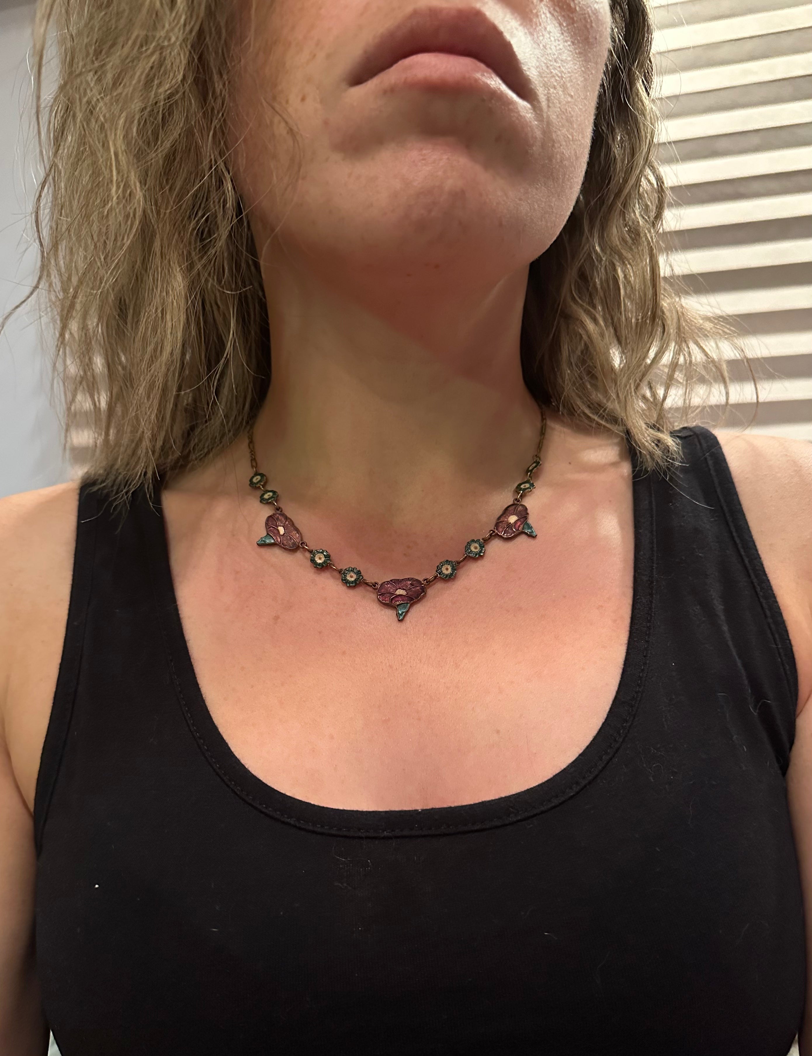 Antique Art Nouveau enamel on copper and brass floral necklace, 16.5"